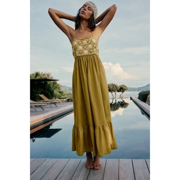 NWT ZARA Olive Green Beaded Cotton Crochet Halter Maxi Dress, Size L - Picture 15 of 16